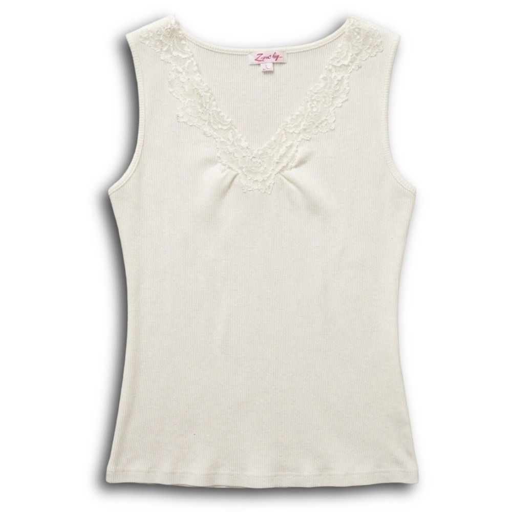Zena Womens Ribbed Cotton Tank Top Cream Lace V-Neck Sleeveless Shirt Large